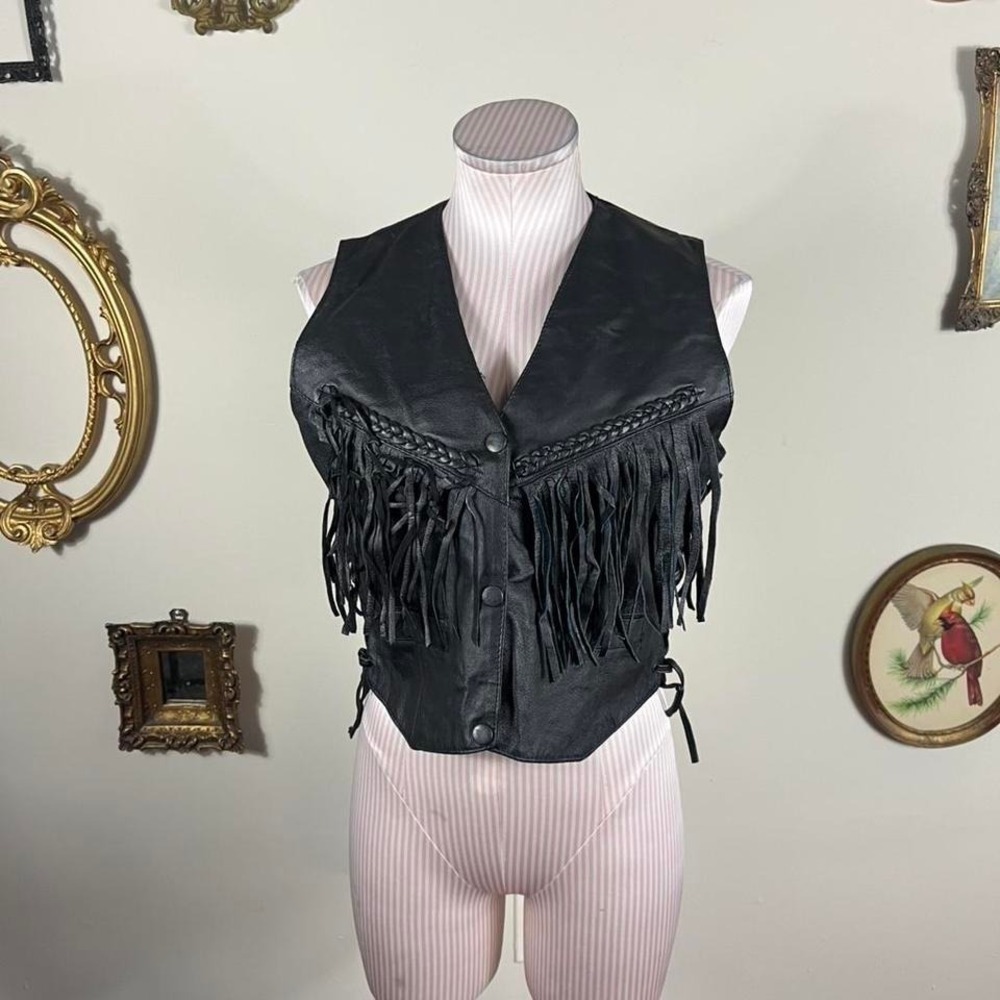Vintage Dream Apparel Black Leather Fringe Motorcycle Vest Biker Western Large
